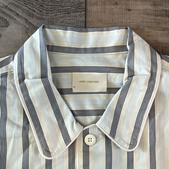 Aime Leon Dore Blue Cream Striped Button Front Pajama Style Shirt Size M NWT - Picture 2 of 6